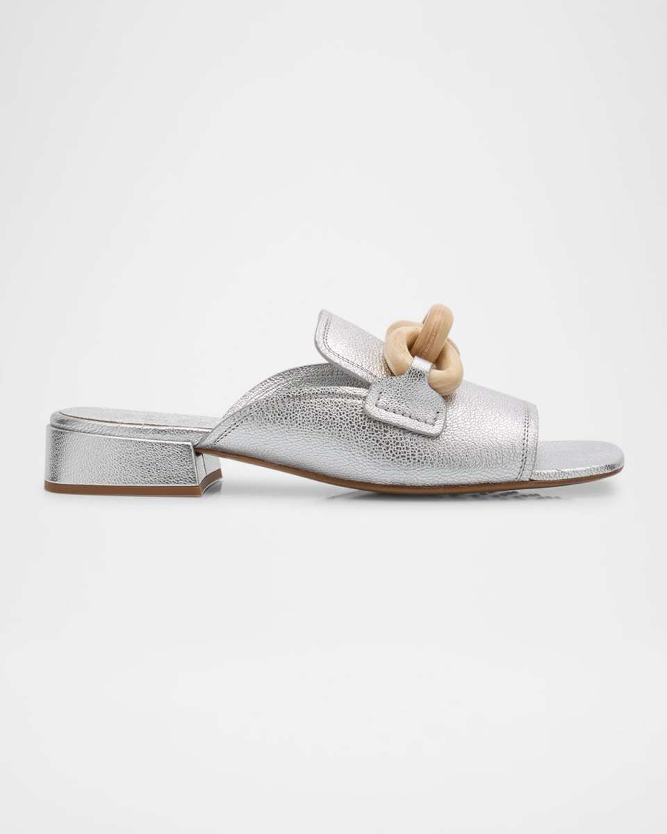 Enna Metallic Leather Chain Loafer Mules